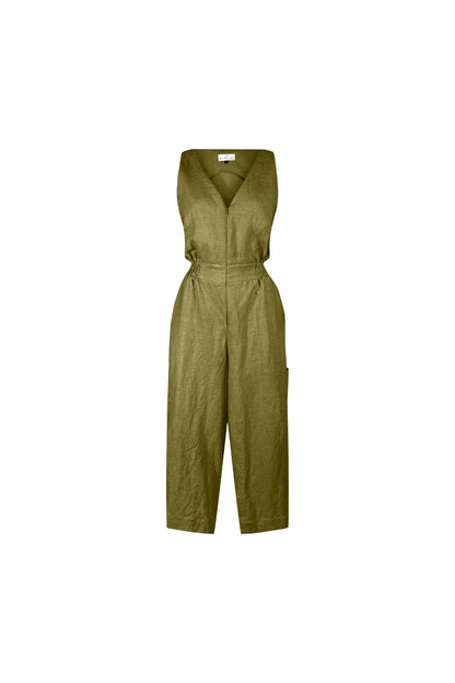The Mathilde Jumpsuit by Melow in Pesto check, a sleeveless piece with a v-neck, zip front, defined waist with elastic at the sides, and wide cropped legs, is shown against a white background. 