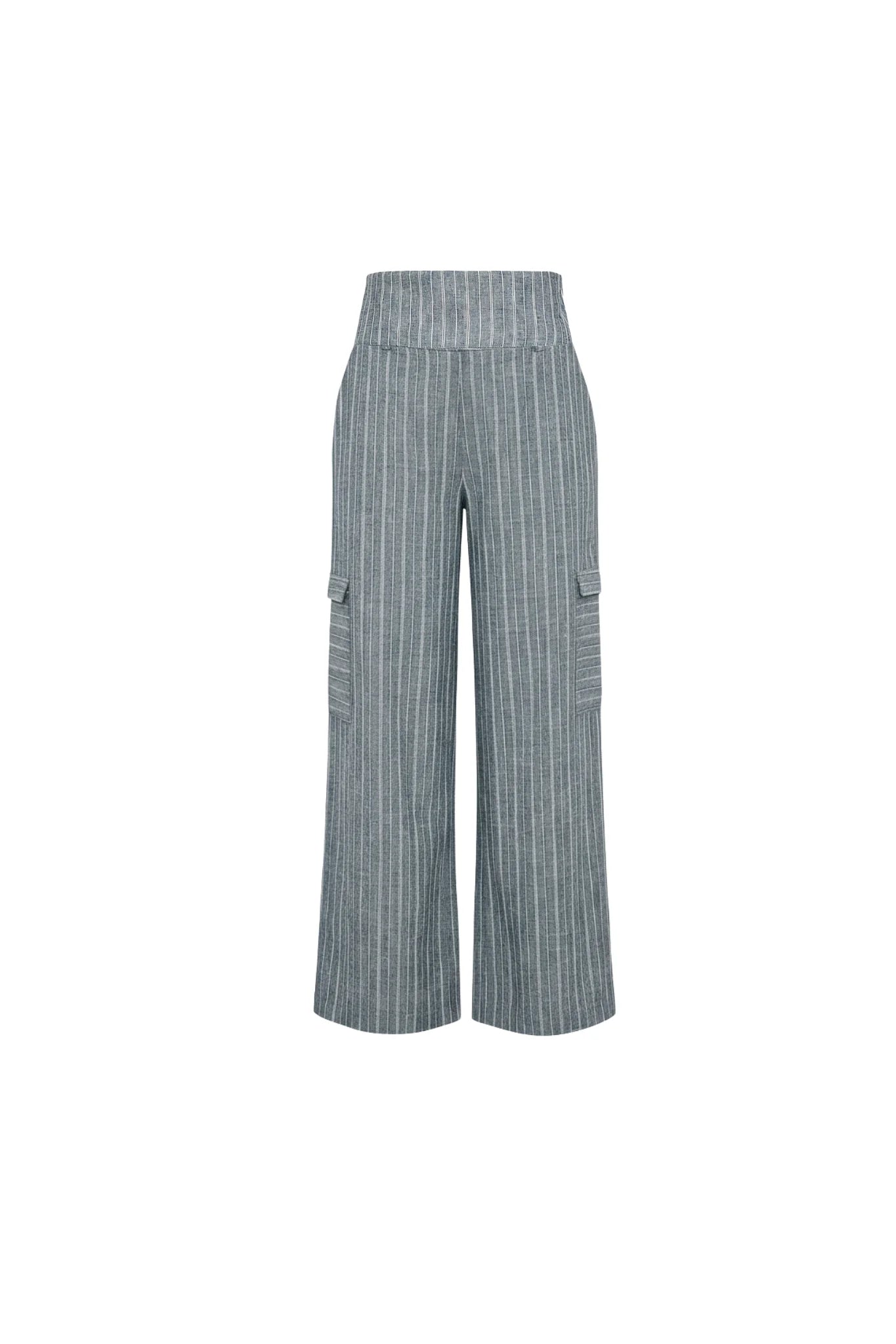 The Maxime Pants by Melow in Blue stripe, straight legged pants with cargo flap pockets on the legs, a high wide waistband, and an invisible side zipper, are shown against a white background. 