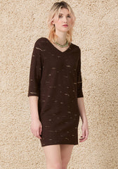 Meg Tunic by Cokluch, Ganache, V-neck, V-opening at back with adjustable strap, straight cut, 3/4 sleeves, mid-thigh length, sizes XS to XL, made in Montreal