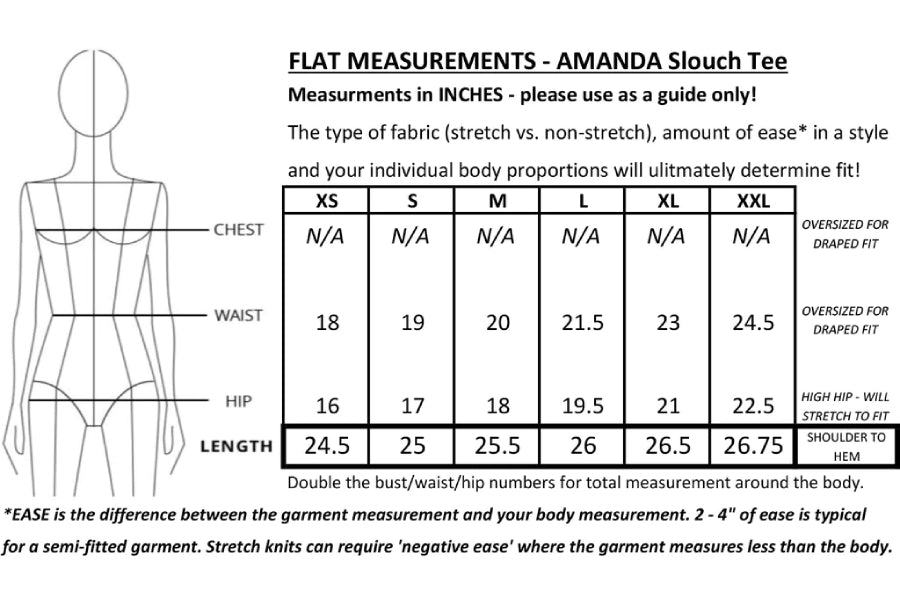 Amanda Slouch Tee by Mandala, size chart