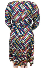Leigh Slouch Dress by Mandala, Brushstroke Teal, back view, jewel neckline with slit, 3/4 dolman sleeves, slouch bodice, stretch waistband, A-line skirt, pockets, sizes S to XL, made in Ontario