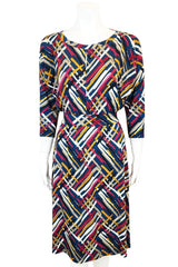 Leigh Slouch Dress by Mandala, Brushstroke Teal, jewel neckline with slit, 3/4 dolman sleeves, slouch bodice, stretch waistband, A-line skirt, pockets, sizes S to XL, made in Ontario