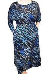 Leigh Slouch Dress by Mandala, Diamond Denim, jewel neckline with slit, 3/4 dolman sleeves, slouch bodice, stretch waistband, A-line skirt, pockets, sizes S to XL, made in Ontario