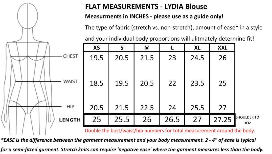 Lydia Creeper Blouse by Mandala Size Chart
