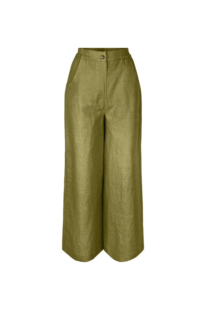 The Matisse Trousers by Melow in Pesto check, full length wide leg pants with a zipper front and a high waist with elastic at the back and side and back patch pockets, are shown against a white background. 