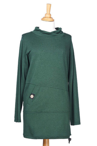 Megantic Tunic by Rien ne se Perd, Green, crossover neck, asymmetrical inset, pocket with button detail, drawstring at hem, bamboo and cotton, sizes XS to XXL, made in Quebec