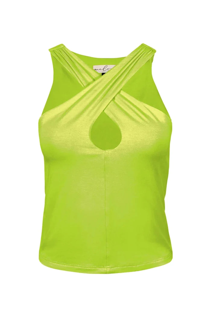 Gaelle Top by Melow, Electric Lime, reversible, cross-halter, high neck, fitted, built in shelf bra, eco-fabric, bamboo rayon, OEKO-TEX certified, sizes S to XL, made in Montreal