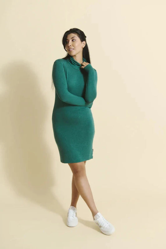 A woman wearing the Betula Dress by Message Factory in Evergreen, a knit turtleneck dress with long sleeves and a knee-length hem. She is standing in front of a beige background. 