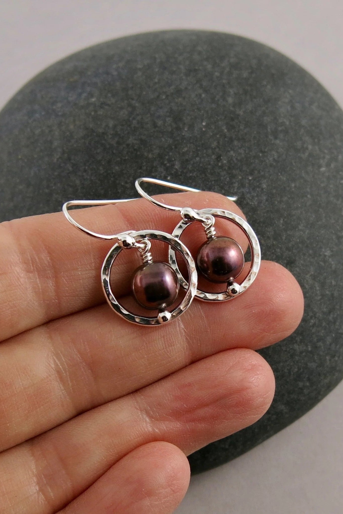 Purple Pearl Nesting Circle Earrings - Sterling Silver