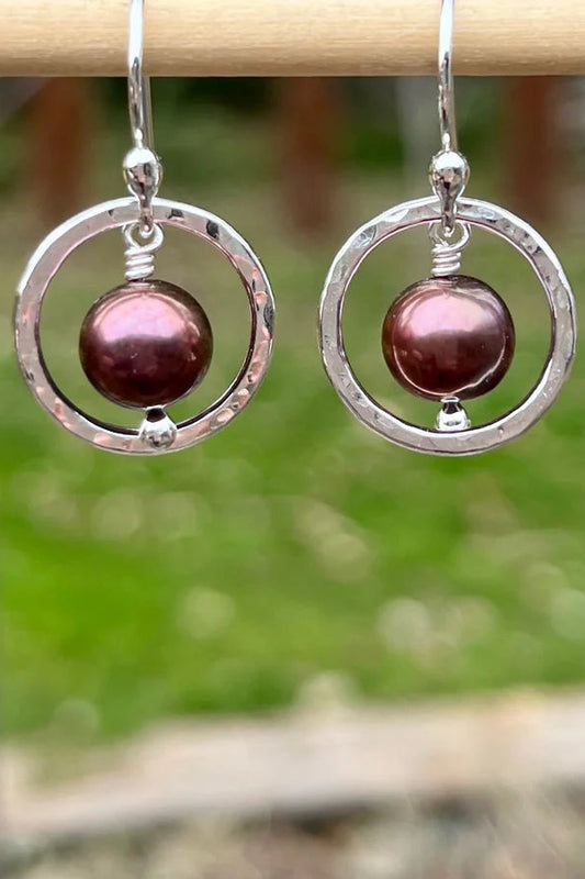 Purple Pearl Nesting Circle Earrings - Sterling Silver