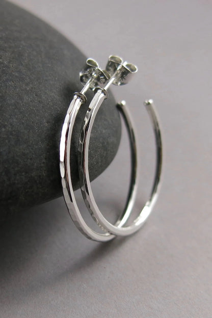 Open Hoop Stud Earrings • Sterling Silver Hammered Hoops