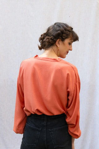 Momo Blouse by Kaka, Masala, back view, 100% OEKO-TEX certified rayon, dotted texture, tie neck, full sleeves with gathers at wrist, sizes XS to XL, made in Montreal