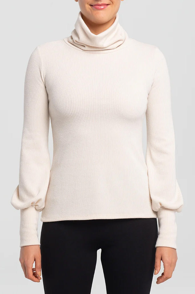 Monck Sweater by Kollontai, Cream, turtleneck, slight puff detail at wrists, long ribbed cuffs, rib knit, sizes XS to XL, made in Montreal