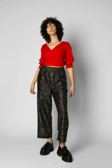Moore Pants by Eve Lavoie, Glitter Fabric, elastic waist, wide legs, slightly cropped length, sizes XS to XL, made in Montreal