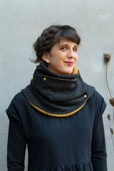 Sussex Scarf by Kazak, Mustard and Black, adjustable with snaps, wool, knit lining, made in Montreal