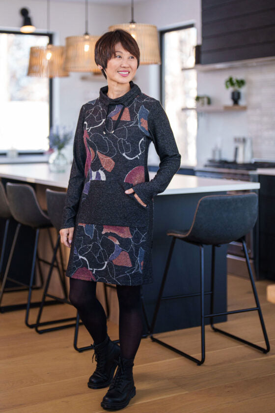 Olympia Dress by Rien ne se Perd, Charcoal Sketch, cowl neck with drawstring, contrast kangaroo pocket and sleeves, sizes XS to XXL, made in Quebec
