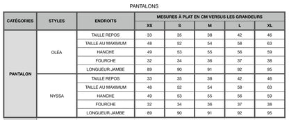 Kazak Olea and Nyssa Pants Size Chart