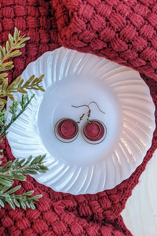 Small Brass Circle Earrings by Plumtree Handmade, Wine Red.