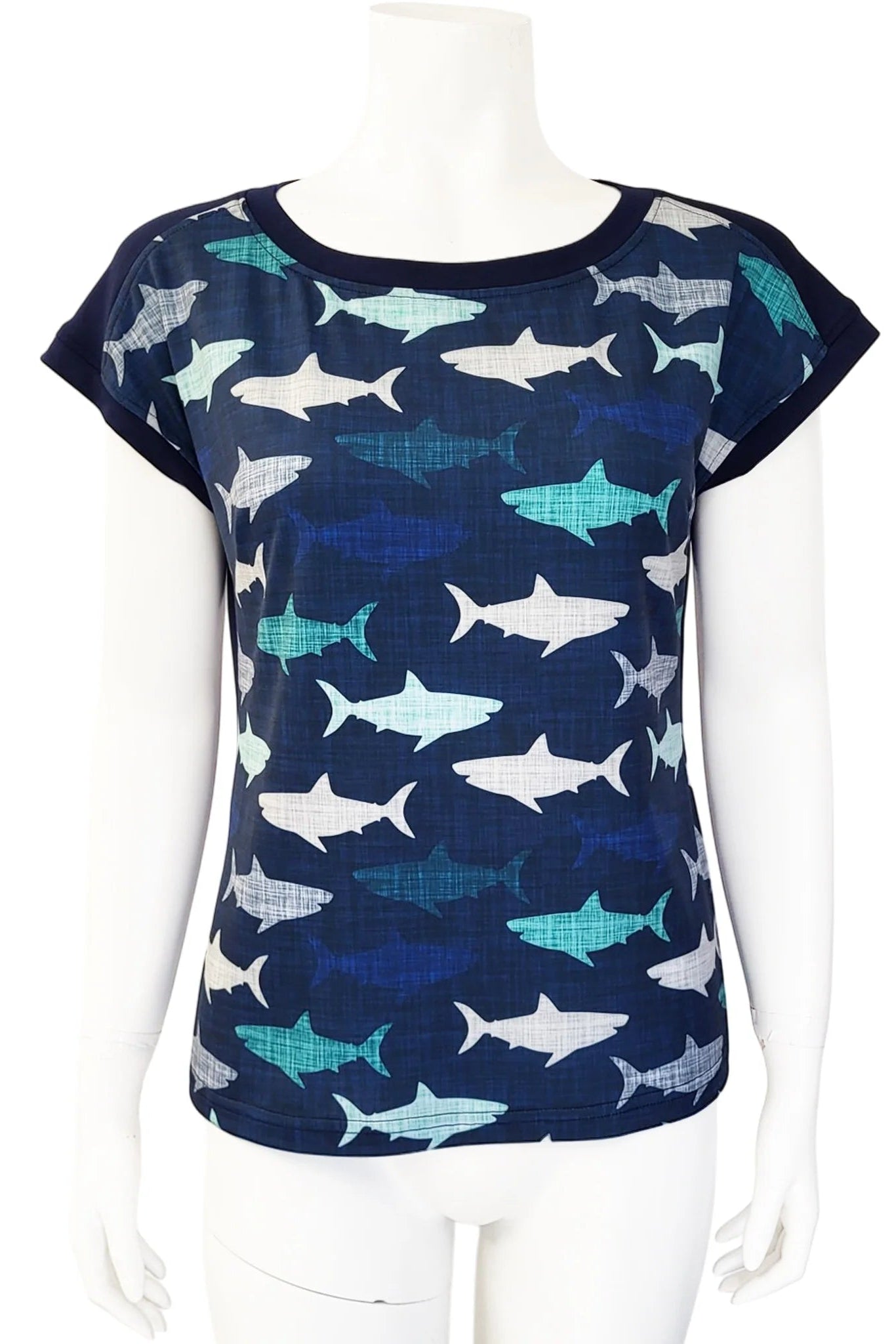 Mannequin wearing the Marina Deep Sea Tee from Mandala in Shark pattern, against a white background