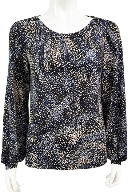 The Gwen Blouse by Mandala in Starry Night - Blue print is shown on a mannequin against a white background. 