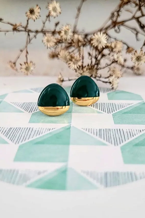 Ceramic and Gold Rounded Triangle Stud Earrings