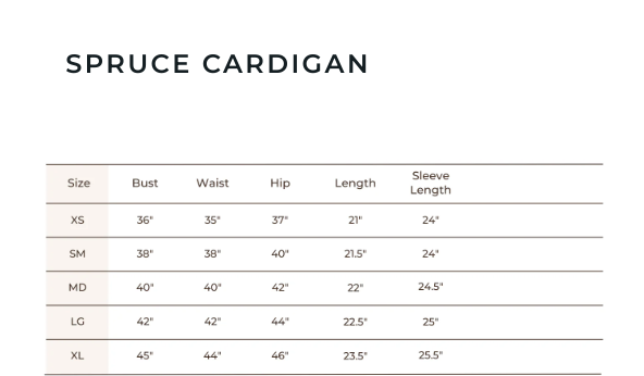 Blondie Woodland Spruce Cardigan Size Chart