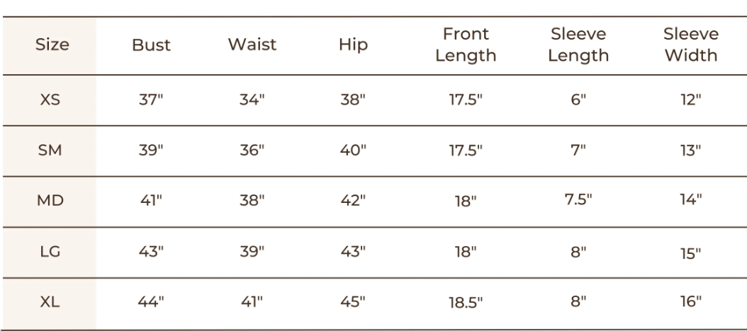 Wave Tee by Blondie Size Chart