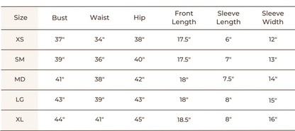 Wave Tee by Blondie Size Chart