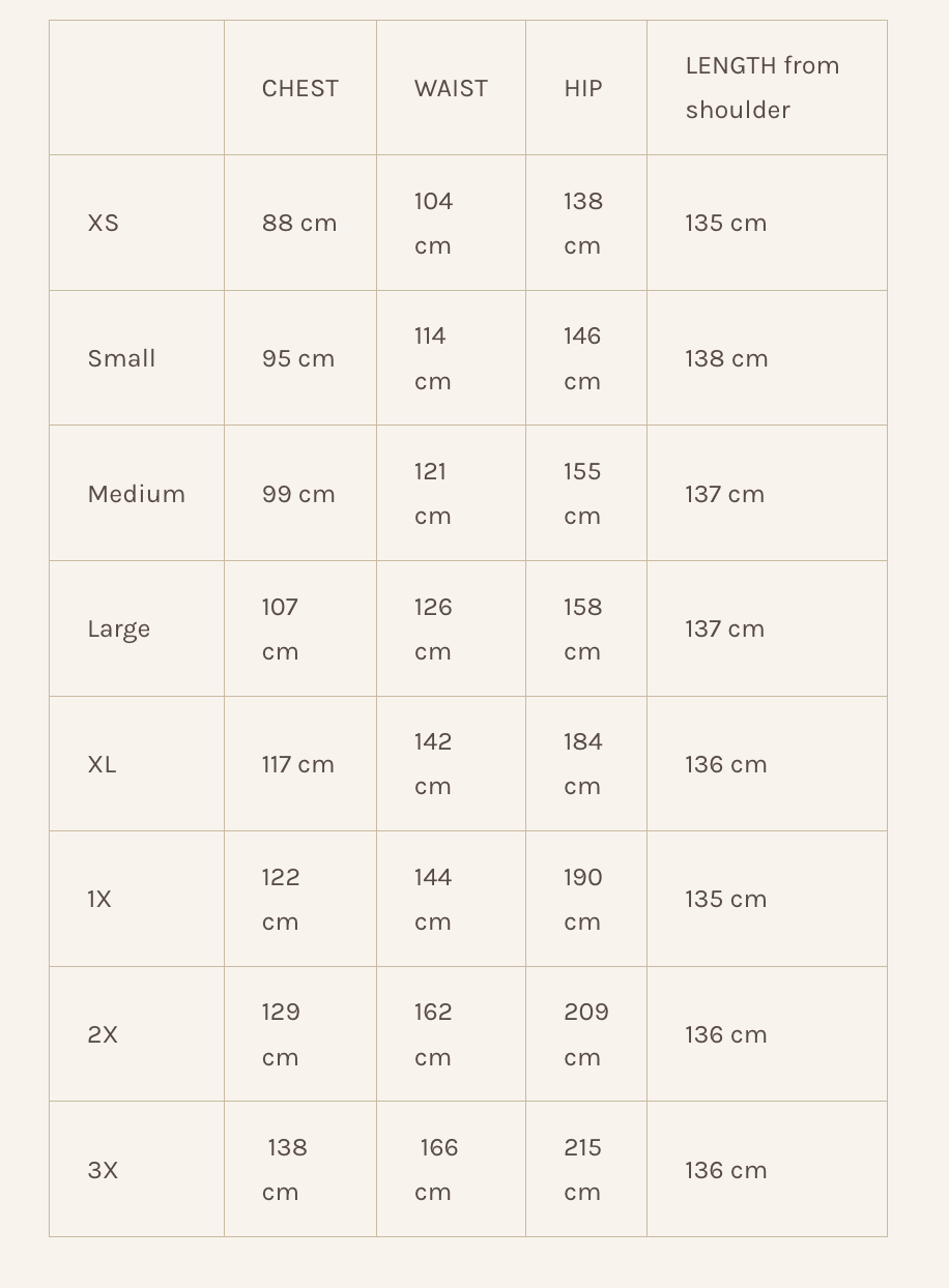 Garment measurement chart for the Caroline Dress by Lights of All 