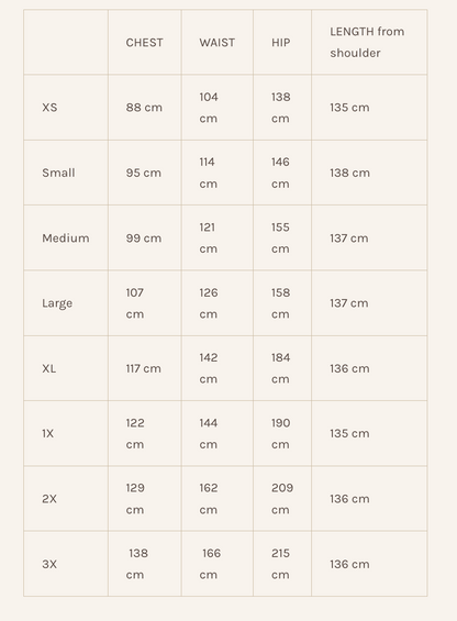 Garment measurement chart for the Caroline Dress by Lights of All 