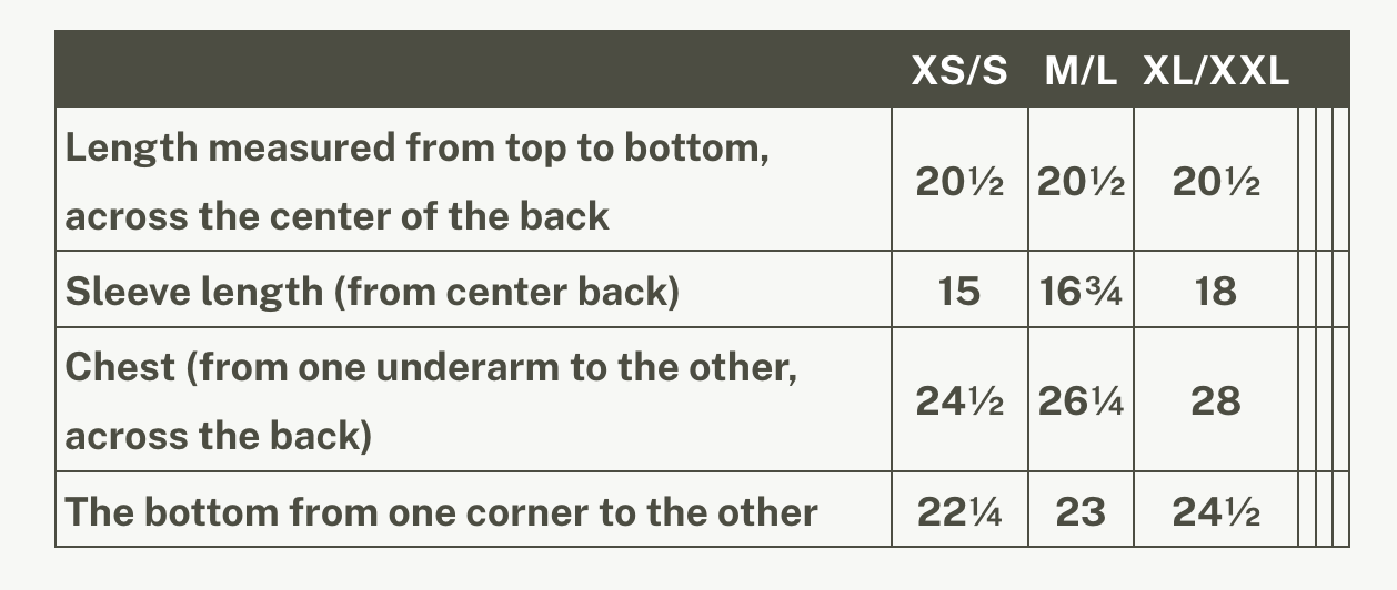Garment measurement chart for the Grandmont Bolero by Rien ne se Perd
