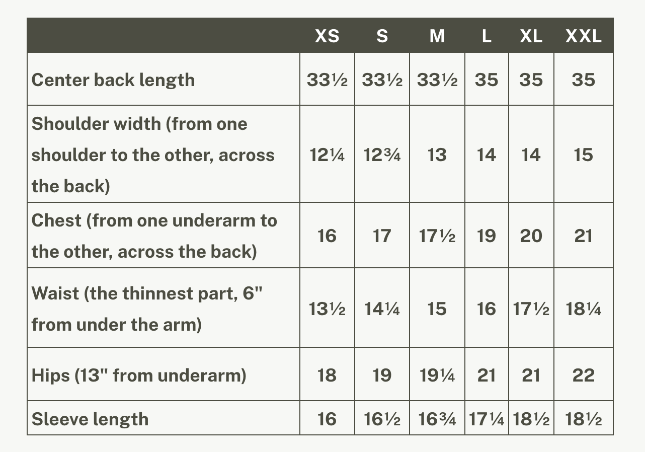 Garment measurement chart for the Mattawin Dress by Rien ne se Perd