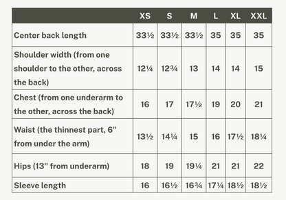 Garment measurement chart for the Mattawin Dress by Rien ne se Perd