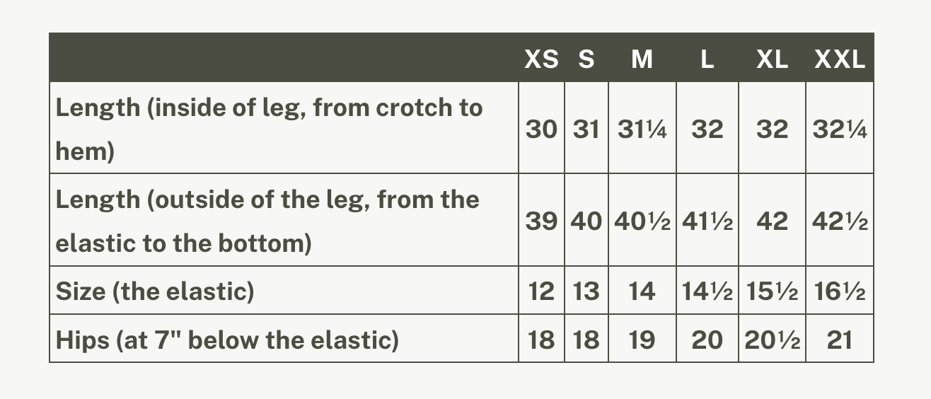 Garment measurement chart for the Yamaska Pants by Rien ne se Perd