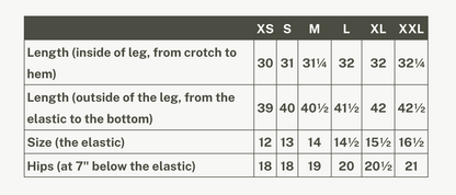 Garment measurement chart for the Yamaska Pants by Rien ne se Perd