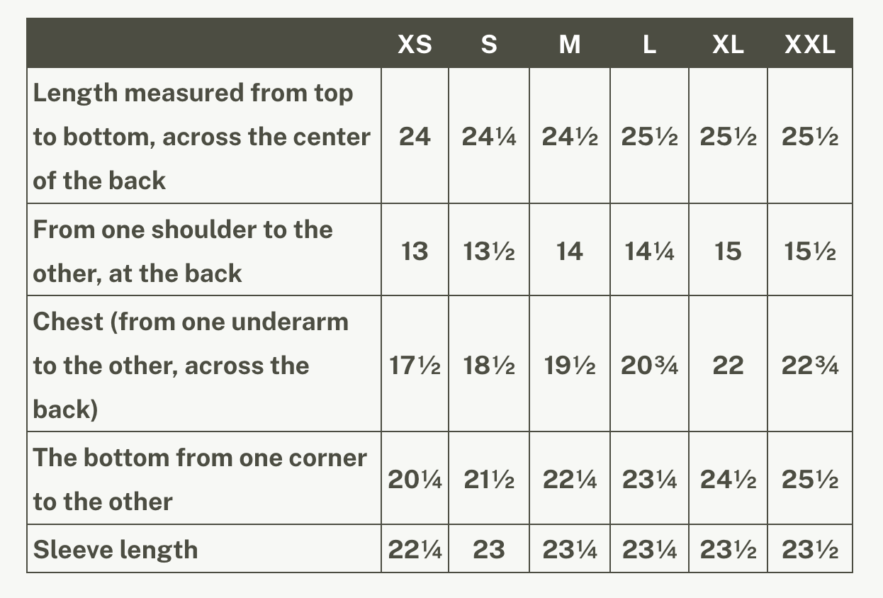 Garment measurement chart for the St. Charles Sweater by Rien ne se Perd