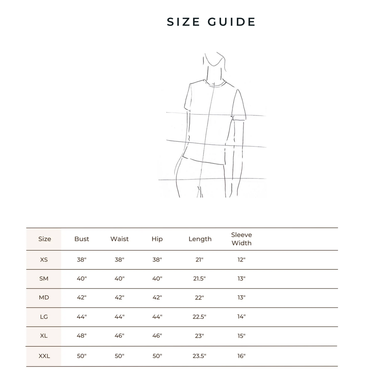 Blondie Prairie Tee size chart