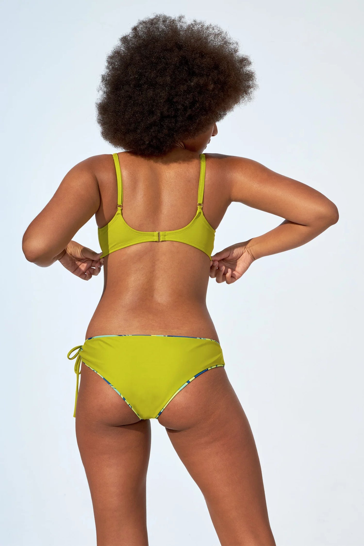 Beatrice Bikini Top by Selfish Swimwear, Lime Green, back view, adjustable straps, fully lined, recycled nylon, UV protection, sizes XS to XXL, made in Montreal