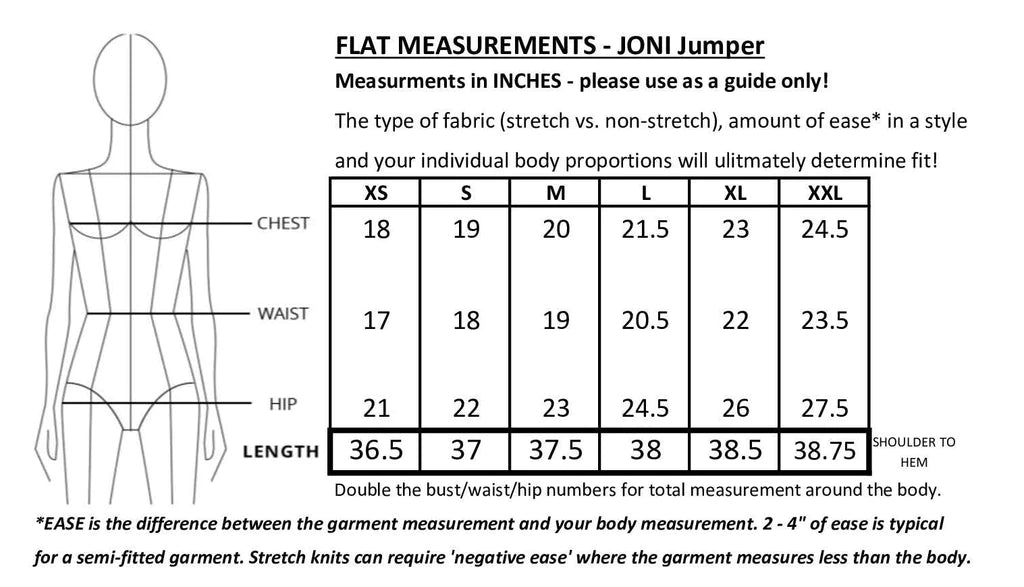 Joni Jumper by Mandala, size chart