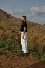 Tofino T-shirt by MAS, Indigo, cropped tee, velvet rib, sizes XS to XXL, made in Montreal