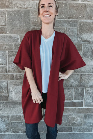 Dawn Sweater by Blondie, Cardinal, wrap style sweater, wide short sleeves, open front, ribbed cotton, one size, made in Toronto