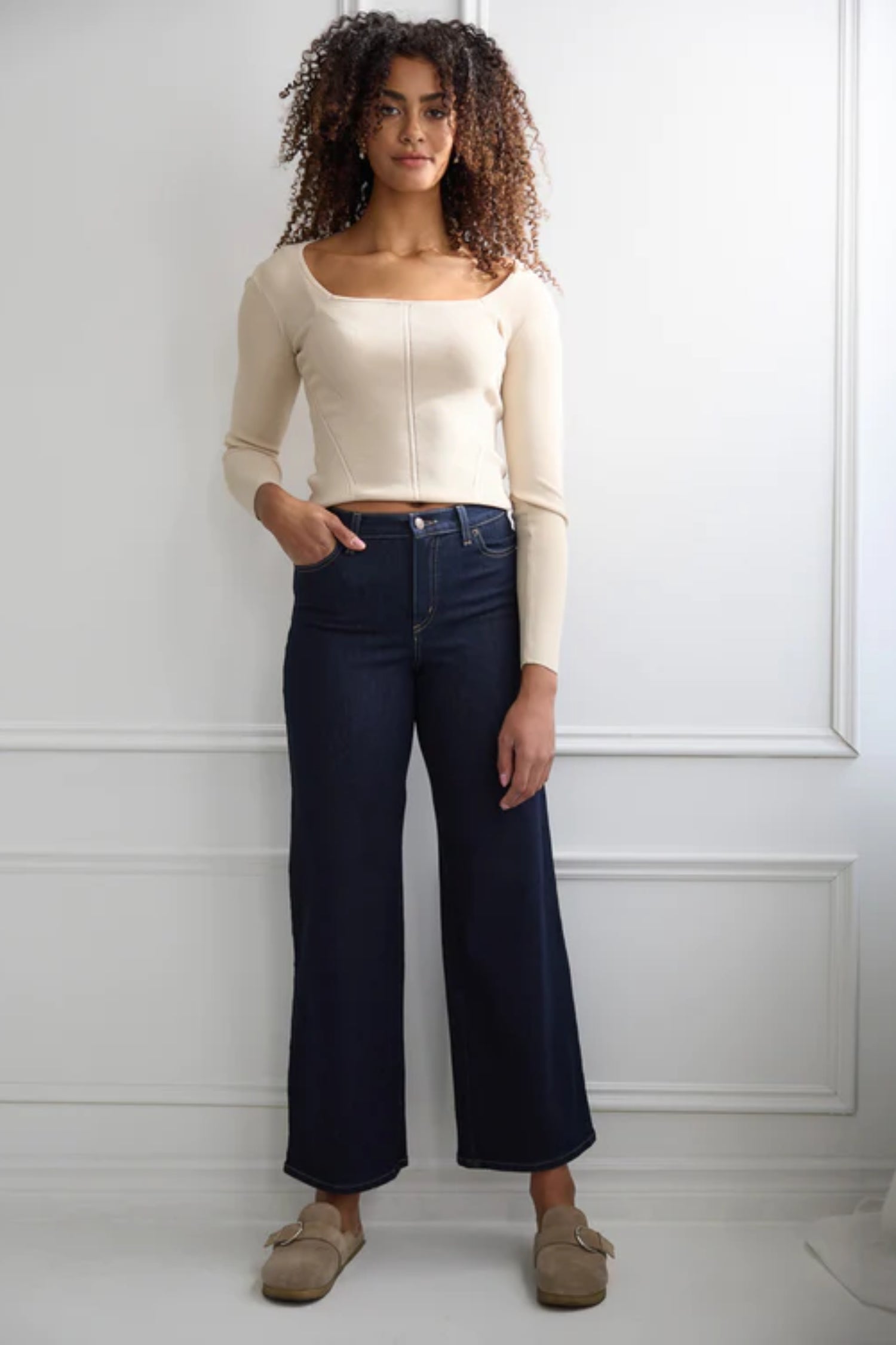 Night Cap LILY High Rise Wide Leg Yoga Jeans, high waist, 30 inch inseam, fitted waist, wide leg, travel denim, sizes 24-34, made in Canada