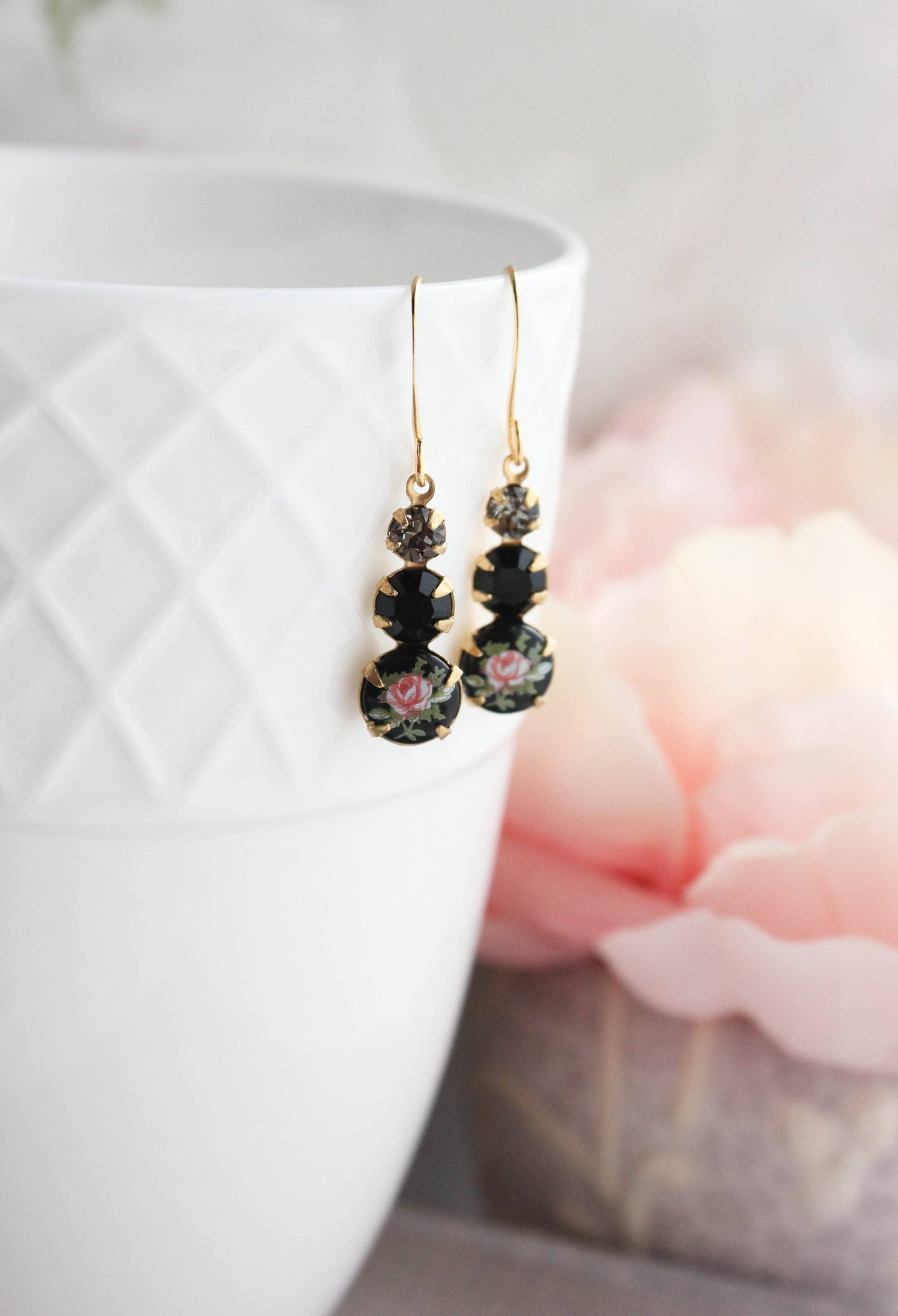 Vintage Glass Earrings - Three Jewel Black w/ Pink Rose