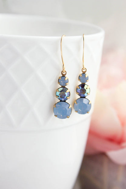 Vintage Glass Earrings - Three Jewel Shades of Blue