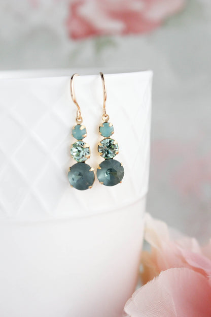Vintage Glass Earrings - Three Jewel Peacock Green and Blue
