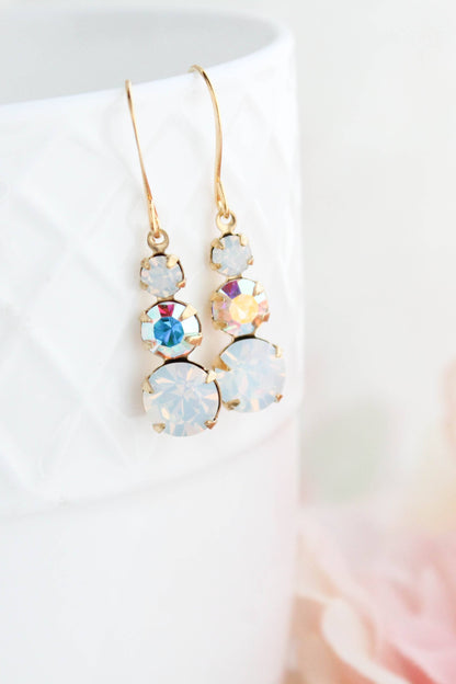 Vintage Glass Earrings - Three Jewel White Opal Glass