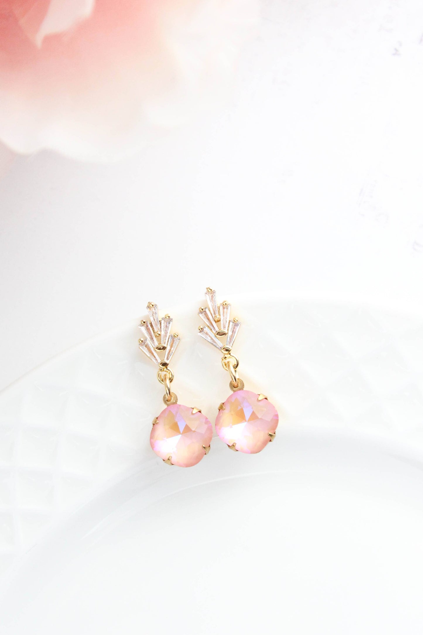 Art Deco Glass Leaf Post Earrings | Pastel Pink Glass Jewel