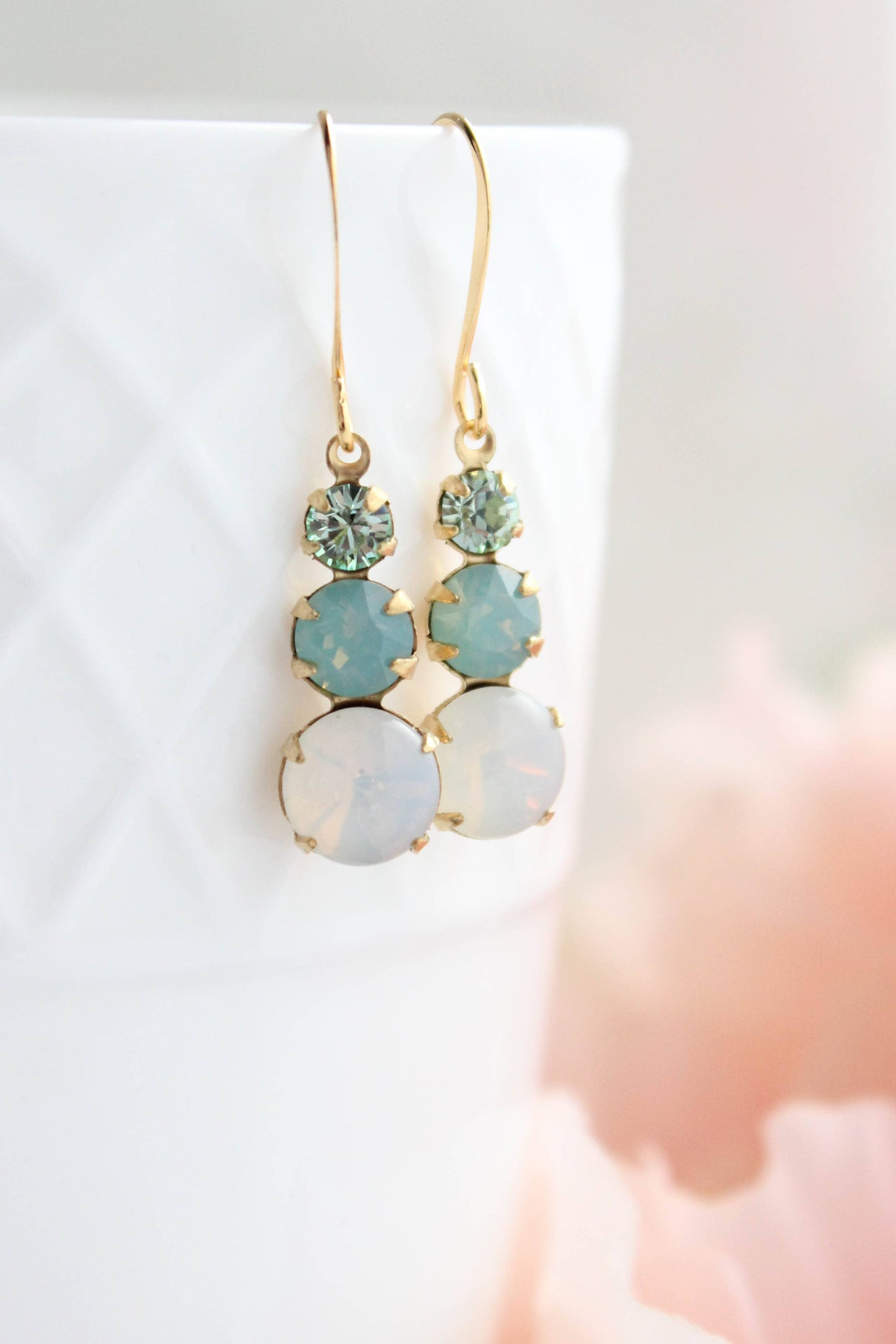 Vintage Glass Earrings - Three Jewel Aqua and Opal Glass