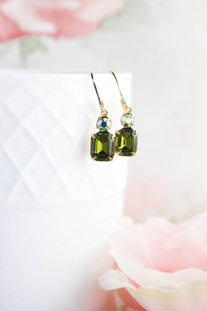 Small Drop Earrings | Olivine Green Glass and Gold Drops
