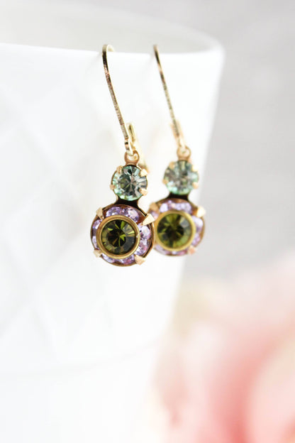 Small Glass Drop Earrings | Violet Purple and Olivine Green